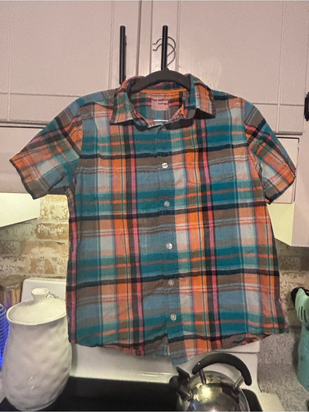 Cat & Jack Plaid Short-Sleeve Button-Down Shirt - Teal, Orange, Brown